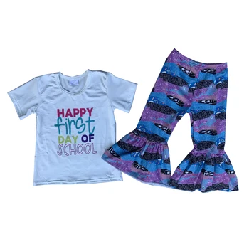 Оптовая продажа школьной одежды, футболки с короткими рукавами и буквами, расклешенные брюки, комплекты для маленьких девочек