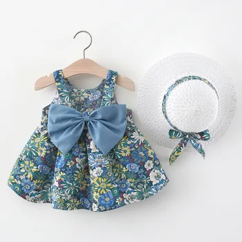 Повседневная новая мода девочек цветок платье Детская летняя одежда для малышей милый бант платье с партией шляпу костюмы принцессы