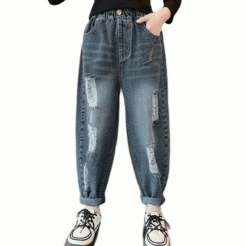 Джинсы для девочек, джинсы с большими дырками для девочек, джинсы в повседневном стиле для детей, весенне-осенняя детская одежда 6, 8, 10, 12, 14 лет