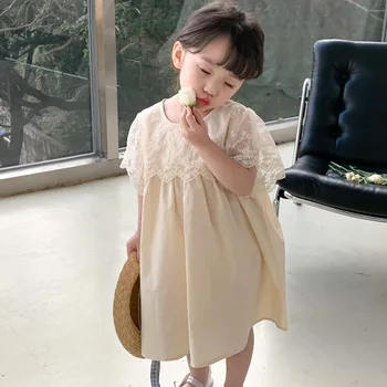 2023 Летние детские свободные платья, милое кружевное платье для девочек, Корейская детская одежда, платье принцессы для дня рождения маленьких девочек