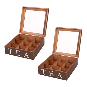 2X Деревянная коробка для чая с 9 Сетками, Контейнер для хранения чайных пакетиков, Квадратная Подарочная коробка, Прозрачная Верхняя крышка, Коробка для хранения ювелирных изделий