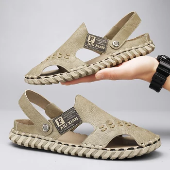 Мужские летние новые брендовые модные повседневные сандалии, сшитые вручную, удобные мягкие пляжные тапочки, Дышащая обувь для отдыха на открытом воздухе из искусственной кожи