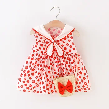 Летнее платье для маленьких девочек, повседневный милый кукольный воротник в цветочек, юбка без рукавов, хлопковая юбка длиной до колен, сумка на ремне