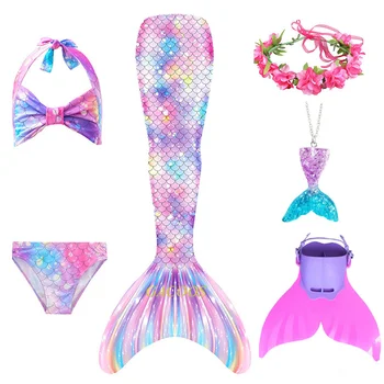 Детский Купальный костюм русалки, 6 шт., хвосты русалки, пригодный для плавания купальник, комплекты бикини для девочек, одежда для костюма Русалки