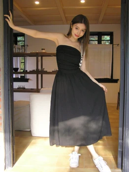 Горячая девушка, сексуальное платье без рукавов и бретелек, женское черное тонкое шифоновое платье с высокой талией, Длинное стрейчевое платье, Модная Элегантная Женская одежда