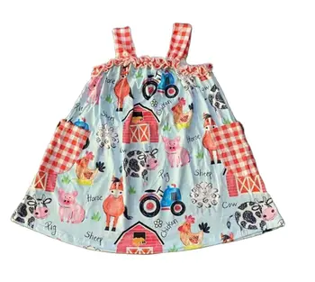 Girlymax/ Летнее платье для маленьких девочек с животными на ферме, клетчатое платье с закручиваниями, бутик одежды, Молочный шелк, оборки, длина до колен, без рукавов