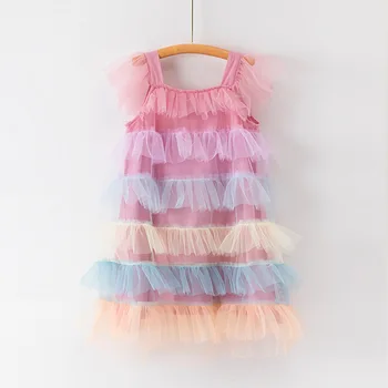 Детское платье трапециевидной формы длиной до колена для детей 3-9 лет, Летнее Платье с квадратным воротником Для девочек, Разноцветная Свободная Модная Сетчатая Детская одежда Hw42