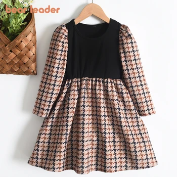 Bear Leader/ модное платье для маленьких девочек 4-7 лет, весна-осень, клетчатая юбка с длинными рукавами для девочек, повседневная универсальная одежда, Vestidos